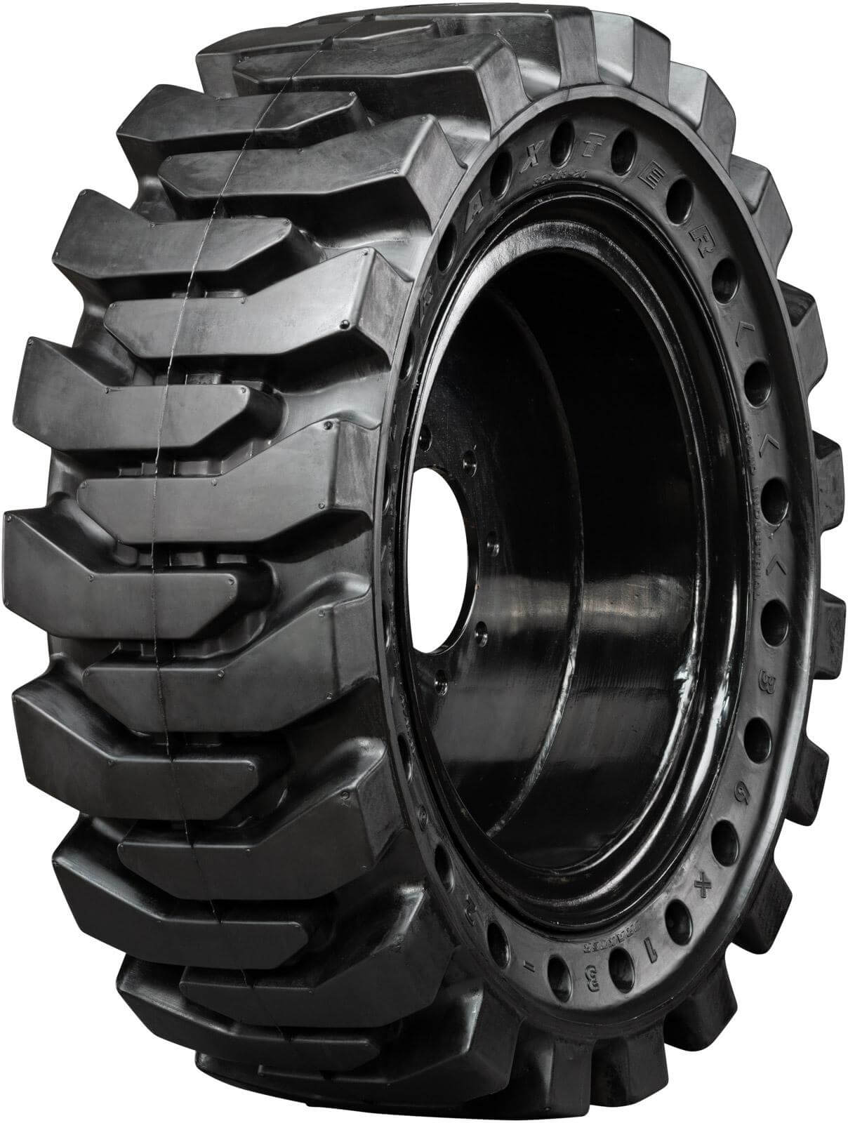 set of 4 36x13-20 (14-17.5) traxter heavy duty solid rubber tires and wheel assembly - 8x8 bolt rim