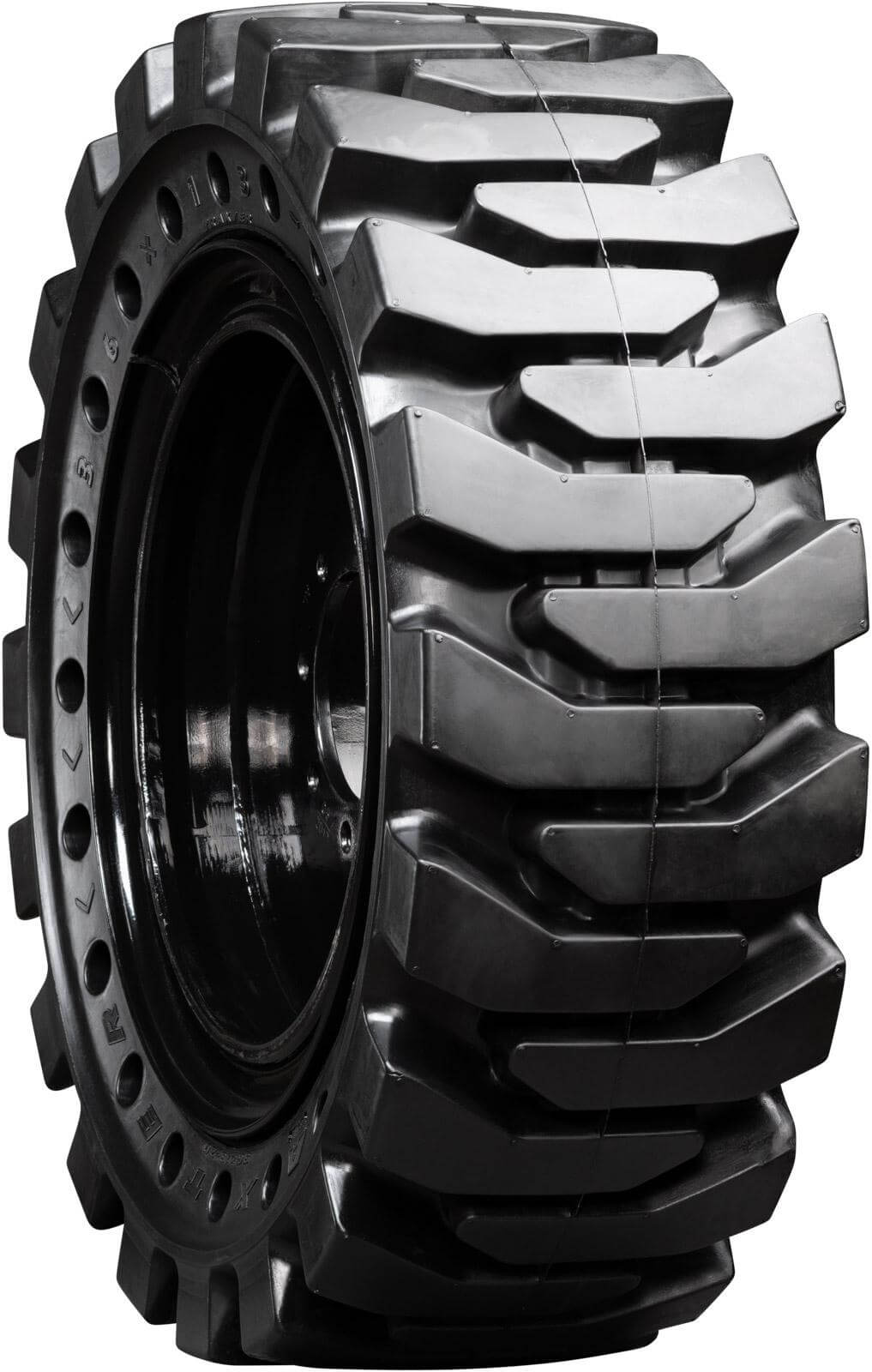 set of 4 36x13-20 (14-17.5) traxter heavy duty solid rubber tires and wheel assembly - 8x10.75 bolt rim