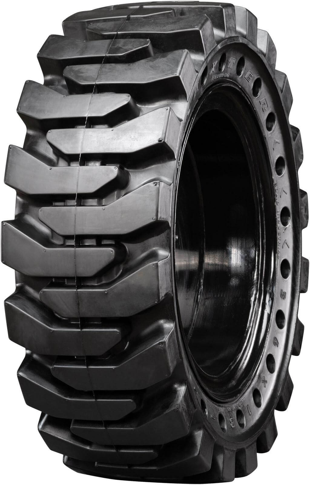 set of 4 36x13-20 (14-17.5) traxter heavy duty solid rubber tires and wheel assembly - 8x10.75 bolt rim